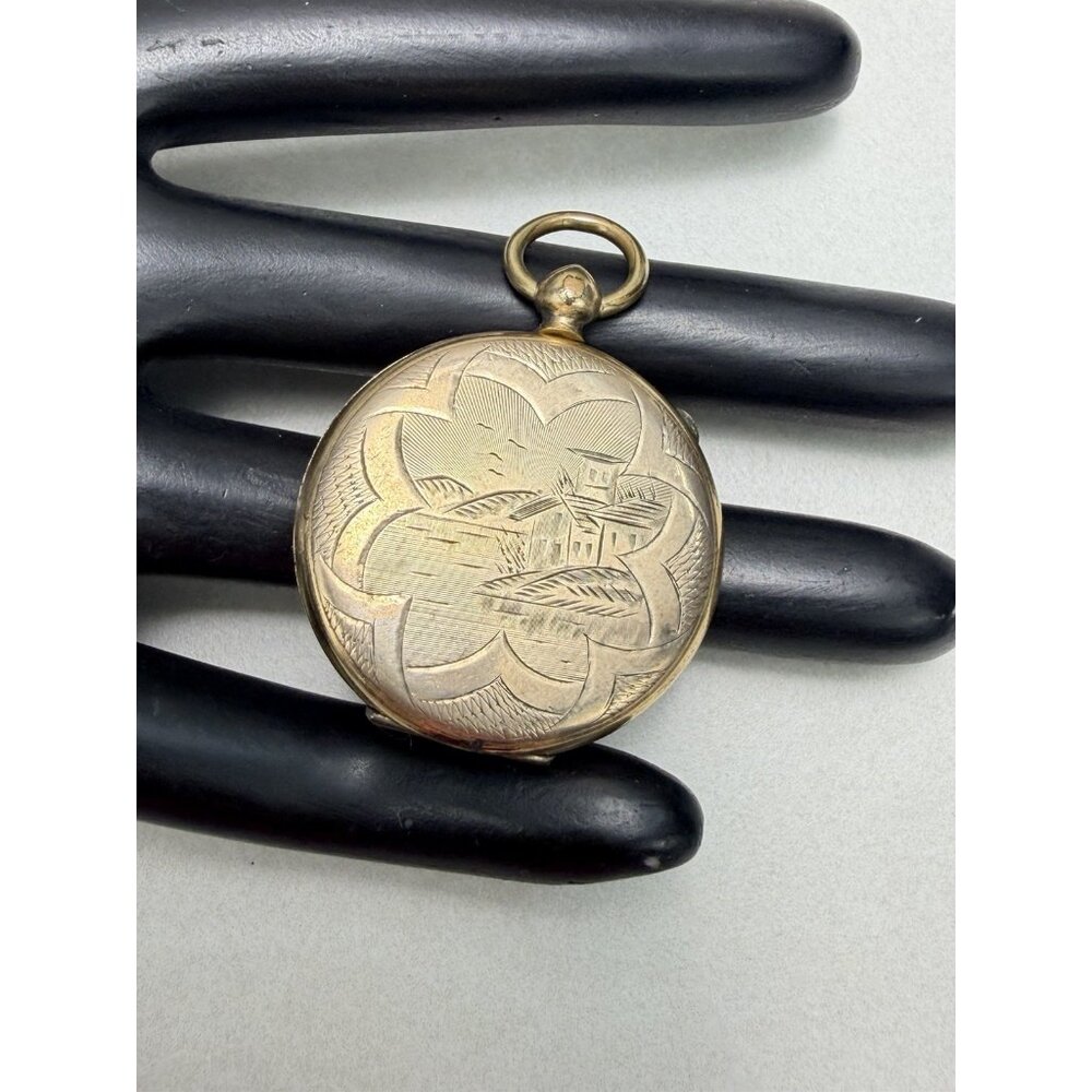 Antique Victorian Gold Filled Engraved Locket Pendant Crystal Glass 19th Century